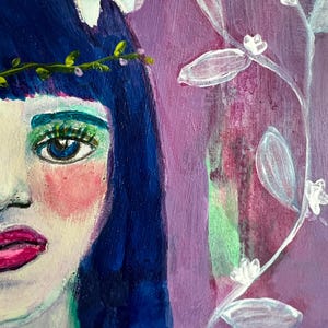 Inner Child Dreaming of Saving Mother Earth Original Mixed Media Painting Plant Girl Cat Folk Art