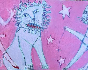 Circus Girl and Cats Inspired by Calder Magic. Original Mixed Media Painting