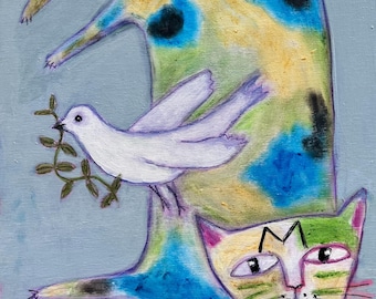 Cat and Bird #3 Painting: Original Mixed Media Folk Art on Wood