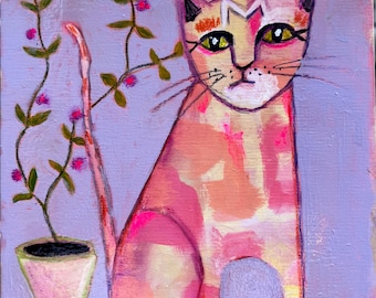Cat and Flowering Vine Original Mixed Media Painting