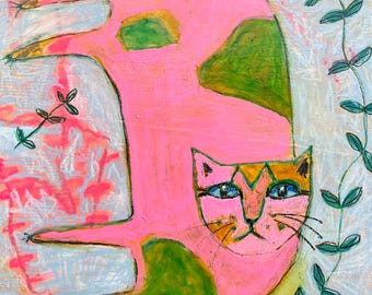 Pink Cat Original Mixed Media Painting on cradled wood panel