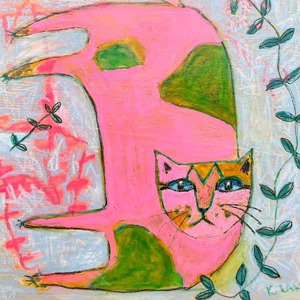 Pink Cat Original Mixed Media Painting on cradled wood panel