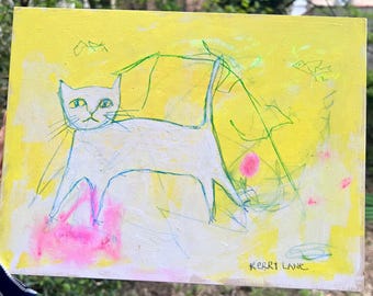 Cat Dreams a Yellow World Painting: Original Mixed Media Folk Art on Wood