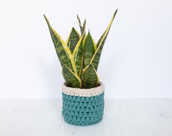 Small plant pot cover in green & cream. Made from recycled cotton. Perfect present for a plant lover!