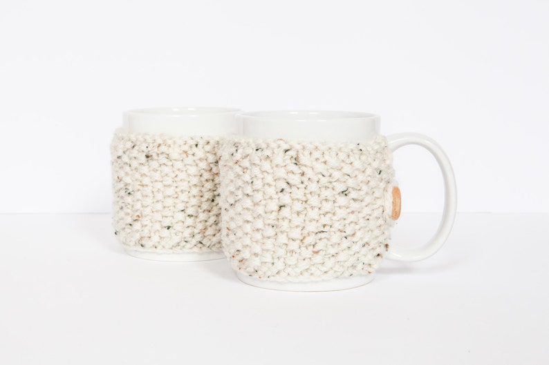 2 Knitted mug cosies, cup cosy, mug cosy, coffee cosy in oatmeal. Coffee mug cosy / coffee sleeve as a coffee gift image 1