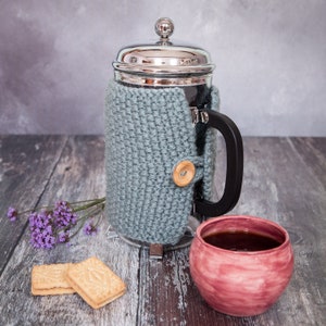 Blue knit coffee cosy Cafetiere cosy Coffee jug warmer French press cover Coffee press cosy Coffee pot cosy Coffee lover gift image 4