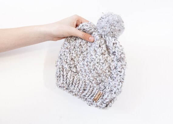 Hand Knitted Chunky Wool Blend Beanie: Light Grey Pom Pom  display picture 3