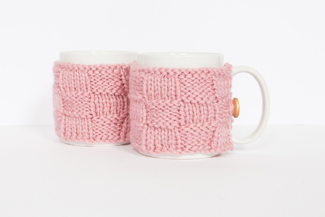 2 Knitted Mug Cosies, Cup Cosy, Mug Cosy, Coffee Cosy in Pink. Coffee