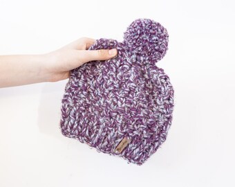 Thick Chunky Purple Heather Bobble Hat. Pom Pom Hat. Hand Knitted Wool Blend Beanie. Perfect winter accessory!