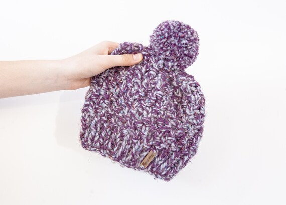 Hand Knitted Chunky Wool Blend Beanie: Purple Heather Pom  display picture 1