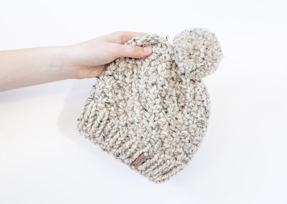 Hand Knitted Chunky Oatmeal Wool Blend Beanie With Pom Pom 