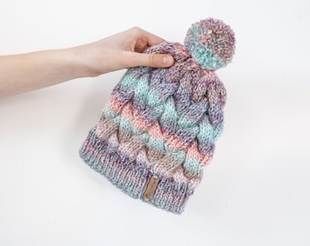 Handgebreide kabelgebreide pom pom beanie: turkoois bont garen