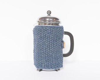 Denim blue knit coffee cosy - Cafetiere cosy -Coffee jug warmer -French press cover -Coffee press cosy - Coffee pot cosy - Coffee lover gift
