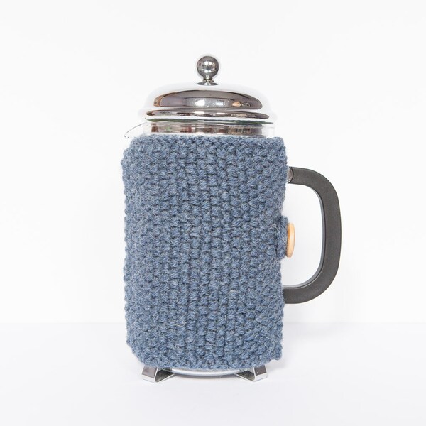 Denim blue knit coffee cosy - Cafetiere cosy -Coffee jug warmer -French press cover -Coffee press cosy - Coffee pot cosy - Coffee lover gift