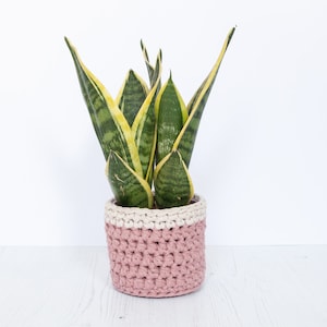 Small plant pot cover in pink & cream. Made from recycled cotton. Perfect present for a plant lover!