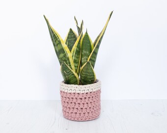 Handmade Crochet Plant Pot Cover: Pink & Cream Recycled Cotton