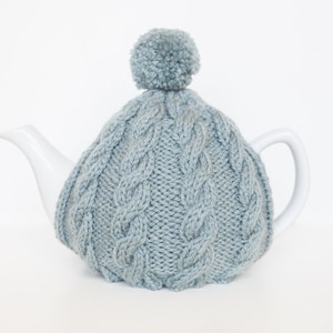 Té de punto de mano azul acogedor - Pom pom tea cosy - Té de lana acogedor - Cubierta de tetera y calentador - Té vintage acogedor - Tetera de punto acogedora - Pompom