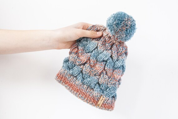 Hand spun wool, hand knit hat in beautiful colors of blue and rust. Beanie style The Slouchy Jasper Beanie – Easy Knit 4-Colour Fair Isle  main image 3