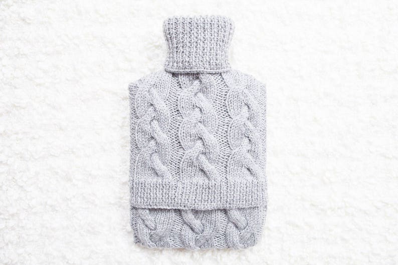 Hand knitted hot water bottle cover / cozy in light grey. Rustic bedroom / home decor that makes a perfect handmade Christmas gift. Hygge image 4