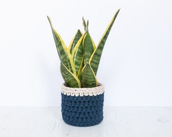 Small plant pot cover in navy blue & cream. Made from recycled cotton. Perfect present for a plant lover!