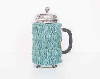 Teal knit coffee cosy - Cafetiere cosy - Coffee jug warmer - French press cover - Coffee press cosy - Coffee pot cosy - Coffee lover gift