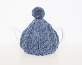 Denim Blue hand knit tea cosy - Pom pom tea cosy - Wool tea cosy - Teapot cover & warmer - Vintage tea cosy - Knitted teapot cosy - Pompom