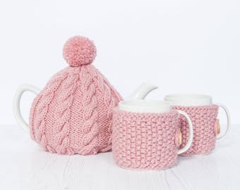 Pink hand knit tea and mug cosy set - Pom pom tea cosy set - Teapot cover & warmer - Knitted teapot cosy set - Pompom