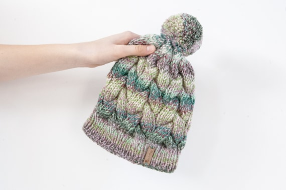 Hand Knitted Cable Pom Pom Beanie: Chunky Green Mix Winter  display picture 1
