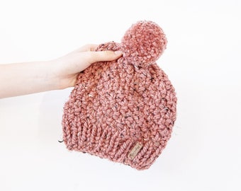 Thick Chunky Rose Blush Bobble Hat. Pom Pom Hat. Hand Knitted Wool Blend Beanie. Perfect winter accessory!