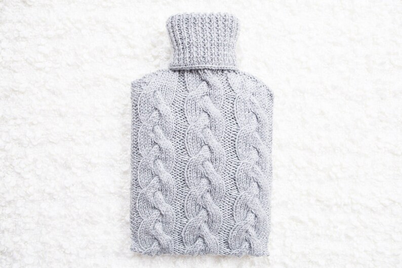 Hand knitted hot water bottle cover / cozy in light grey. Rustic bedroom / home decor that makes a perfect handmade Christmas gift. Hygge image 3