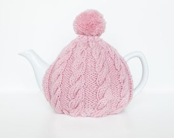 Pink hand knit tea cosy - Pom pom tea cosy - Wool tea cosy - Teapot cover & warmer - Vintage tea cosy - Knitted teapot cosy - Pompom