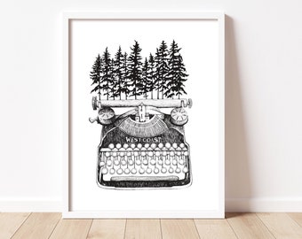 West Coast Type - Original Illustration Vintage Typewriter PNW Print (8.5x11") by Danielle Brufatto - Made in British Columbia, Canada