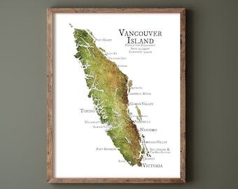 Vancouver Island (Home) with Towns and Cities. Original Illustration Print (8.5x11) by Danielle Brufatto. Made in British Columbia, Canada