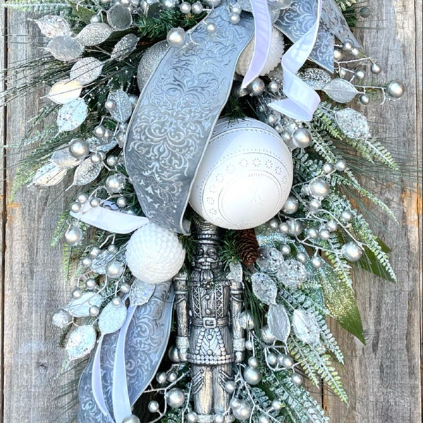 Christmas Wreath, Christmas Platinum Wreath, Christmas Silver Wreath, Nutcracker Wreath, Nutcracker Swag, Christmas Teardrop Swag