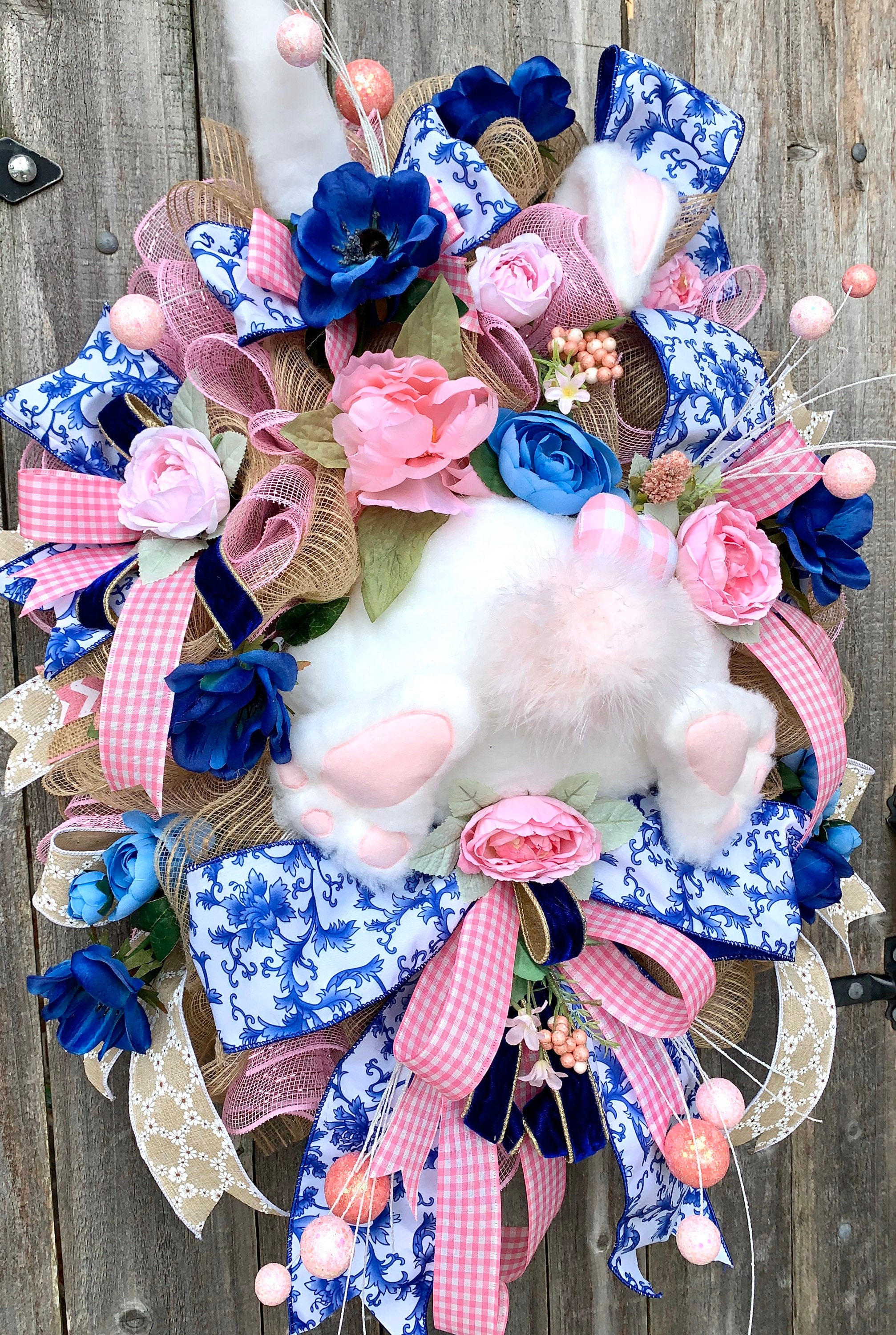 Bunny Wreath With Easter Ribbons And Pink Burlap Ribbon
