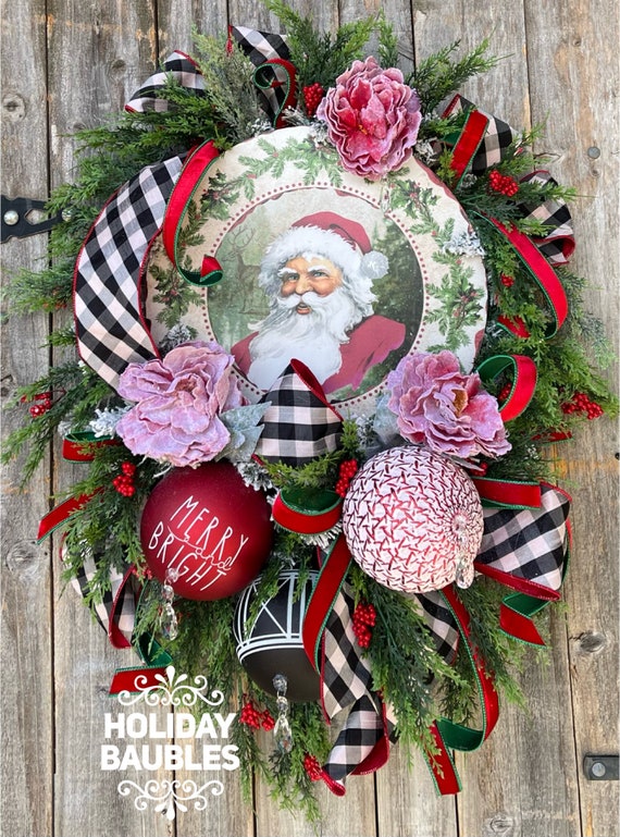 Christmas Wreath, Santa Wreath, Christmas Decor, Holiday Wreath, Deluxe Christmas Wreath, Vintage Santa Wreath, Holiday Decor