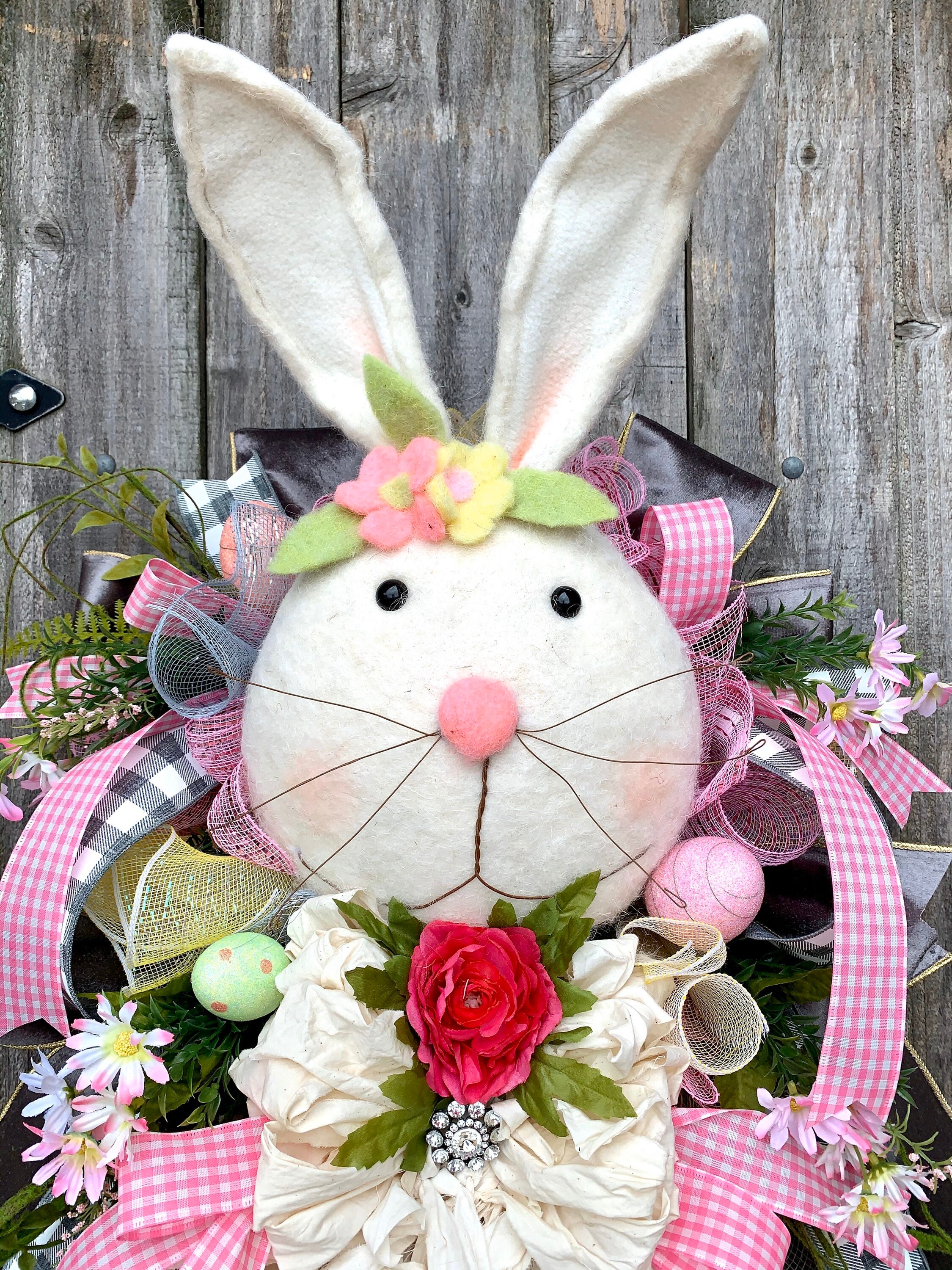 Easter Wreath, Bunny Wreath, Rag Bow Easter Wreath, Bunny Head Wreath