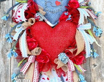 Valentines Day Wreath, Love Day Wreath, Love Wreath, Valentines Wreath, Heart Wreath, Denim Heart Wreath