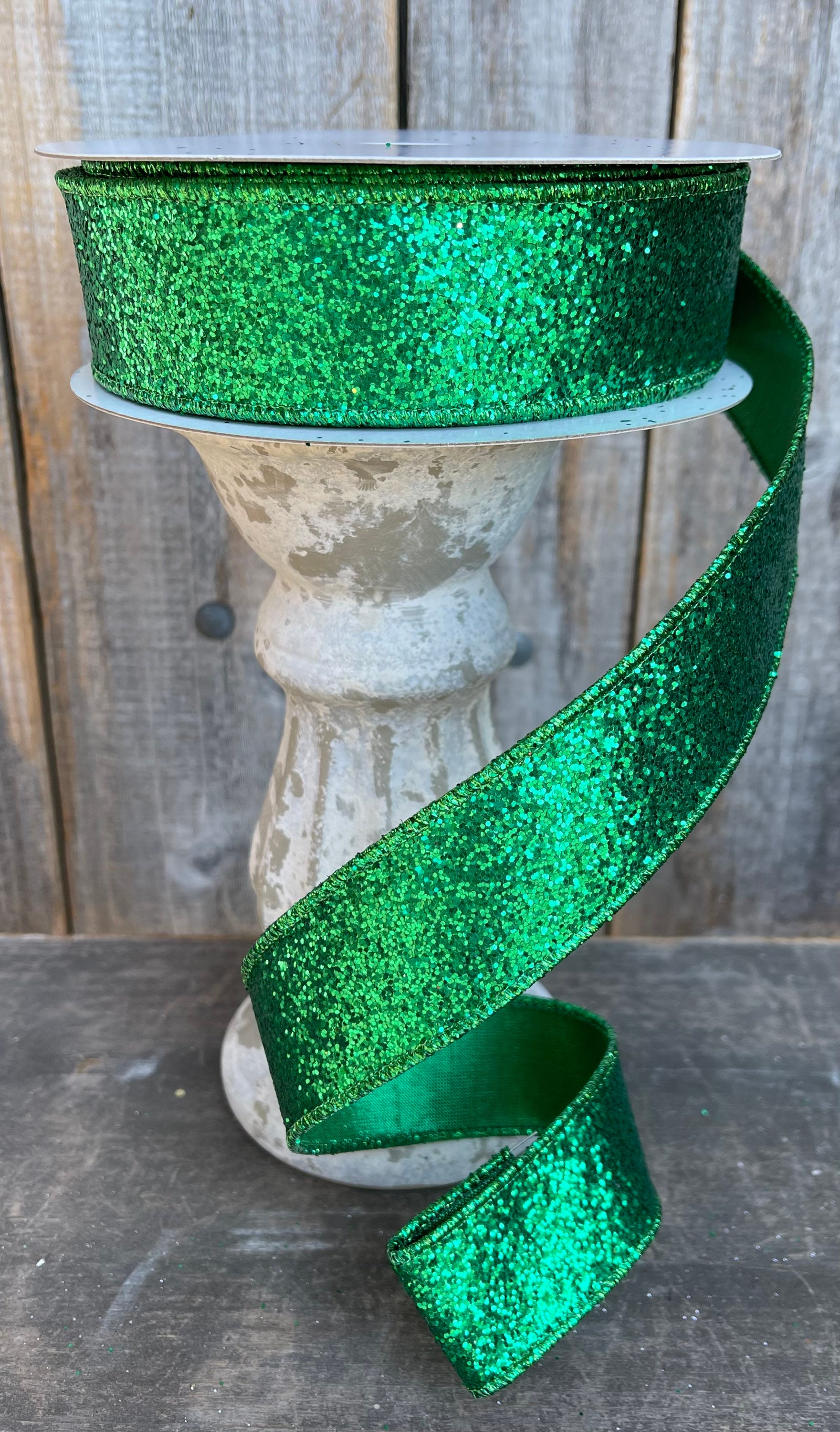 Designer Ribbon, 1.5 Inch Emerald Green Ribbon, 10 Yards, Glitter