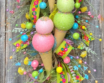 Summer Wreath, Summer Ice Cream Wreath, Summer Teardrop Swag, Summer Decor, Ice Cream Decor, Ice Cream Wreath, Ice Cream Swag