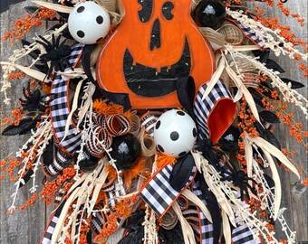 Halloween Wreath, Happy Halloween Wreath, Jack O Lantern Wreath, Jack O Lantern, Halloween Decor, Spooky Wreath, Pumpkin Wreath