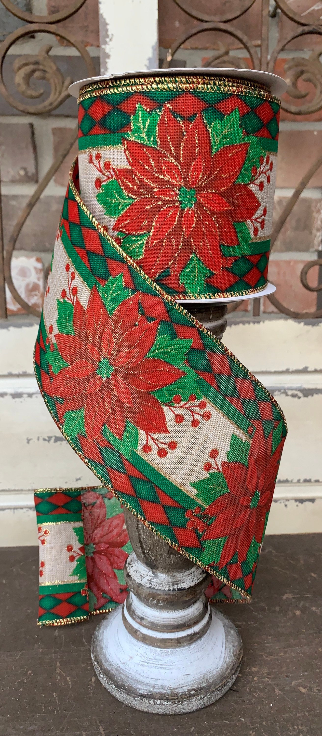10 yards Christmas Ribbon, Christmas Wired Ribbon, Christmas Poinsettia