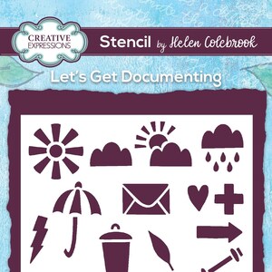 Puede incluir: Una plantilla con el texto "Let's Get Documenting" y varios iconos, incluyendo un sol, nubes, lluvia, un paraguas, un sobre, un corazón, una cruz, un rayo, un cubo de basura, una pluma, una flecha, un rectángulo, un marcador y una lista. La plantilla mide 15,0 cm por 10,0 cm.