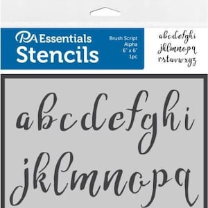 May include: A stencil sheet featuring the alphabet in a brush script font. The stencil measures 6 inches by 6 inches and is made from durable plastic. The letters are in a cursive style and are easy to use for crafting projects.
