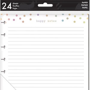 Może przedstawiać: Opakowanie 24 liniowanych arkuszy papieru z wzorem konfetti i tekstem "happy notes". Papier jest przeznaczony do użytku z Create 365 The Happy Planner. Opakowanie jest oznaczone "Paper. Papier. Papel" i "me & my BIG ideas".