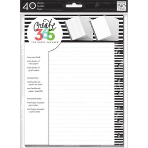 May include: A pack of 40 pre-punched paper sheets for the Happy Planner. The pack includes 20 sheets of note paper and 20 sheets of graph paper. The pack is black and white with the words "Create 365" and "The Happy Planner" printed on it.