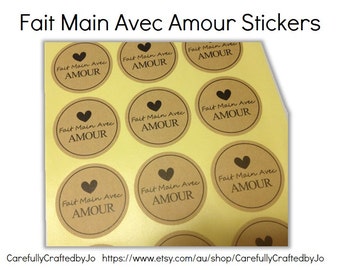 Set of 60,120,180 - Fait main Avec Amour French - Handmade with Love Stickers - Kraft Sticker/ Envelope Seals