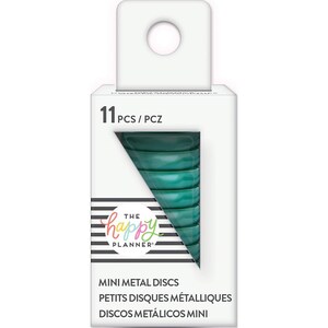 May include: Package of 11 teal mini metal discs for a planner. The package has the text "The Happy Planner" on it. The discs are for use with a disc bound planner.