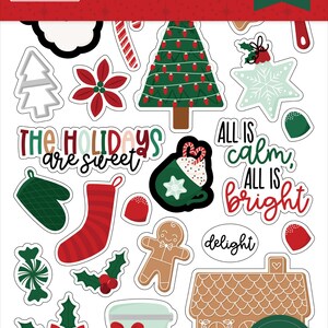 May include: A sticker book with die-cut cardstock stickers. The stickers feature festive designs, including a Christmas tree, gingerbread man, and the phrases "All is calm, all is bright" and "The holidays are sweet". The sticker book has 16 pages.