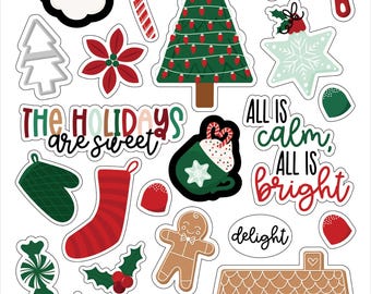 May include: A sticker book with die-cut cardstock stickers. The stickers feature festive designs, including a Christmas tree, gingerbread man, and the phrases "All is calm, all is bright" and "The holidays are sweet". The sticker book has 16 pages.
